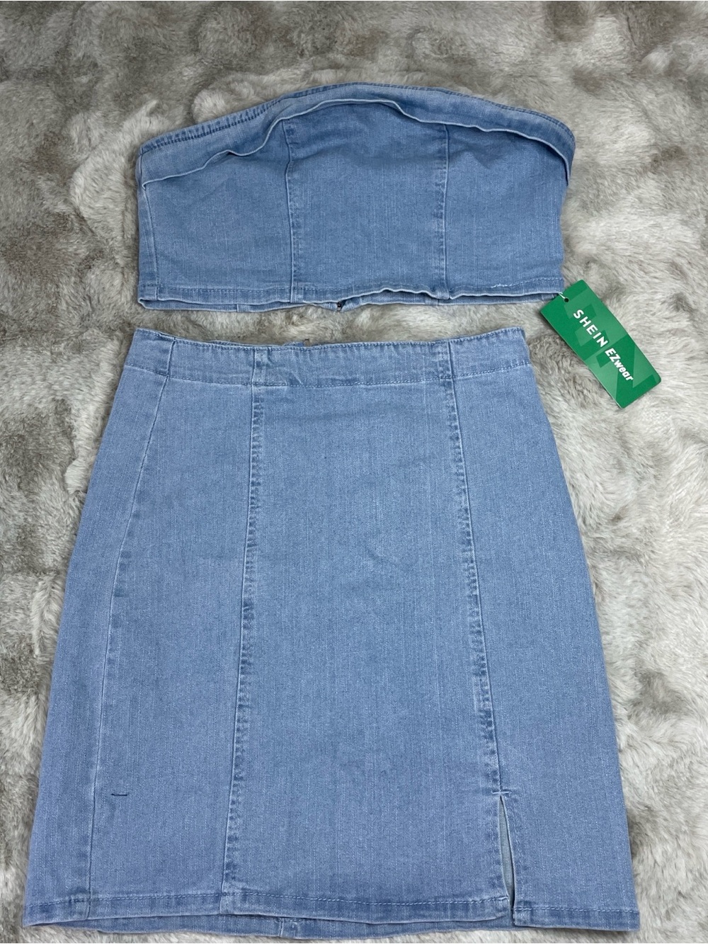SHEIN Light Blue Denim Mini Skirt with Front Slit-0250